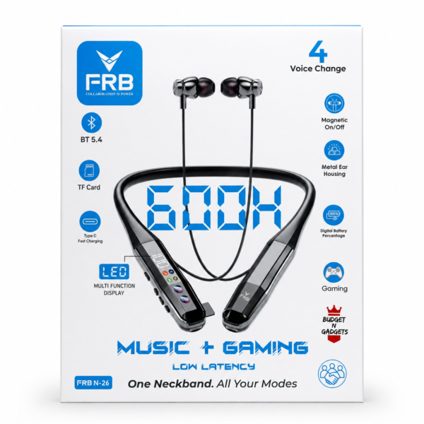 img_6a5c619120ecf_0_1784439185 FRB N-26 Wireless Bluetooth 5.4 Neckband Earphone - 600 Hours Standby | Low Latency Gaming Mode, Digital Battery Display, 4 Voice Changer, Magnetic On/Off & Type-C Fast Charging Metal Earbuds